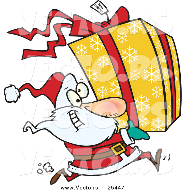 Cartoon Vector of a Santa Running to Deliver a Large Christmas Present Gift Wrapped in a Red Bow, Ribbon and Yellow Paper with a White Snowflake Pattern