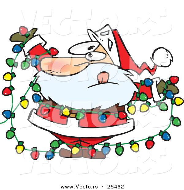 Cartoon Vector of a Santa Tangled in Colorful Christmas Lights