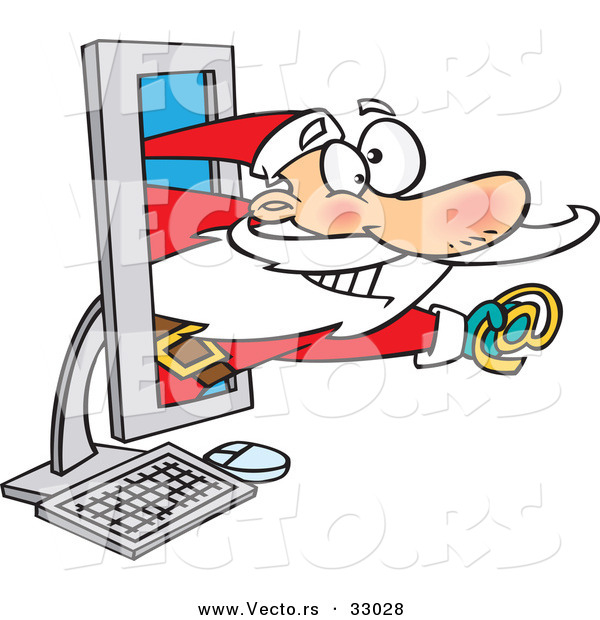 Cartoon Vector of a Santa with Email Symbol Emerging from Computer Screen