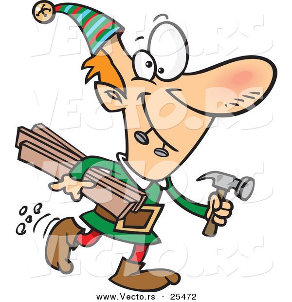 Cartoon Vector of a Santa's Elf Biting 2 Nails and Carrying Plywood and a Hammer to the Toy Shop