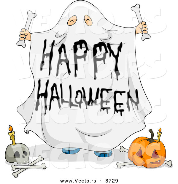 Cartoon Vector of a Sheet Ghost Halloween Character with Pumpkin and Skull