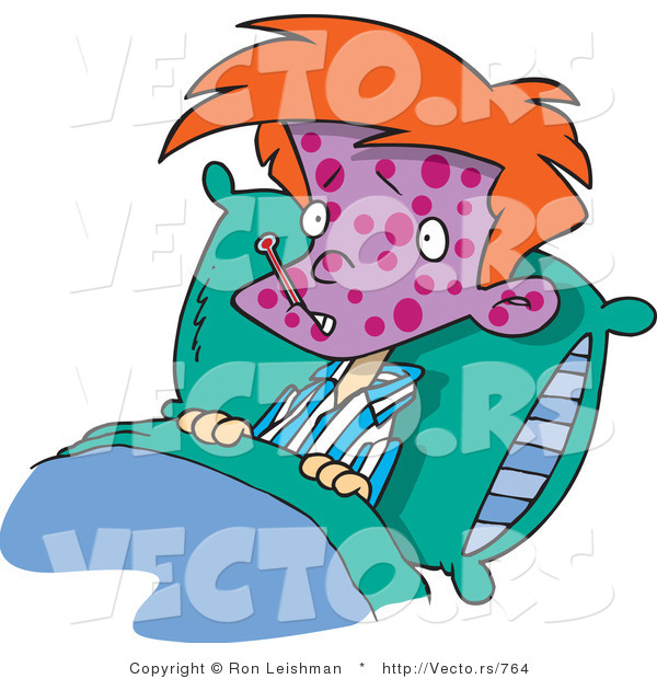 Cartoon Vector of a Sick Boy Laying in Bed with Thermometer in Mouth