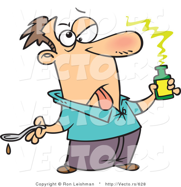 Cartoon Vector of a Sick Cartoon Man Taking Disgusting Medicine