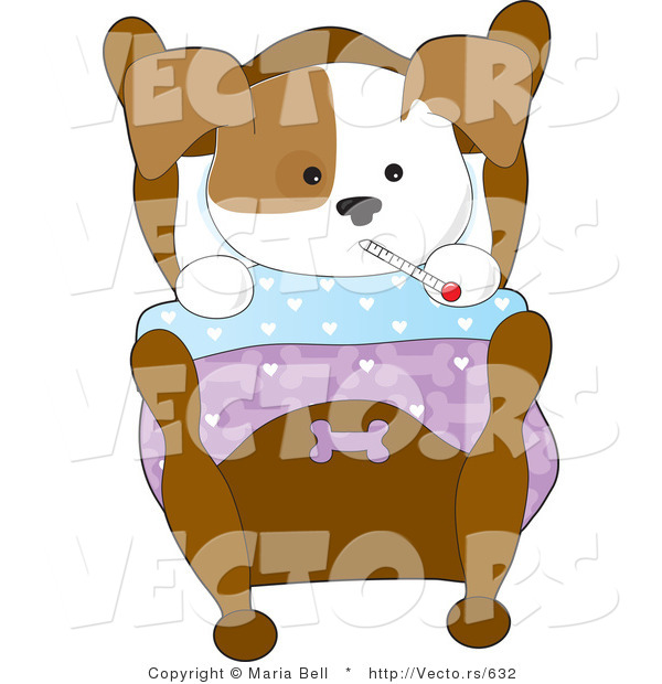 Cartoon Vector of a Sick Dog Laying in Bed with a Fever
