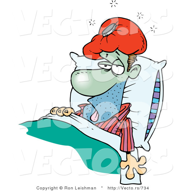 Cartoon Vector of a Sick Man Turning Green While Laying in Medical Bed with Ice Pack over Head