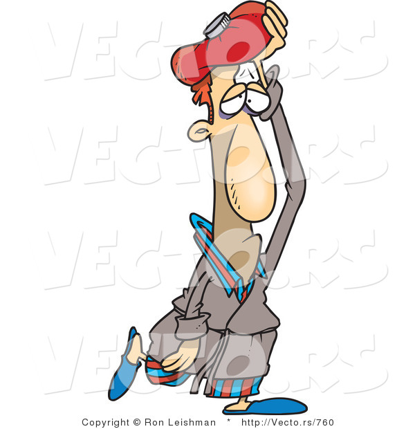 Cartoon Vector of a Sick Man Walking with Ice Pack over His Head