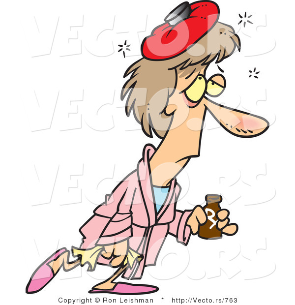 Cartoon Vector of a Sick Woman with Ice Pack on Head While Walking Around with Medicine