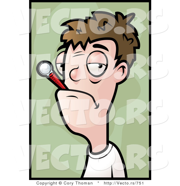 Cartoon Vector of a Sick Young Man with Thermometer in His Mouth