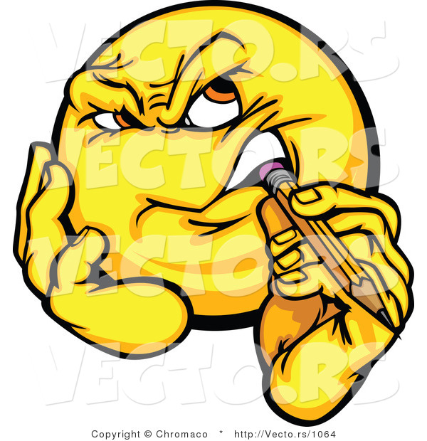 Cartoon Vector of a Smiley Gnawing Pencil While Thinking