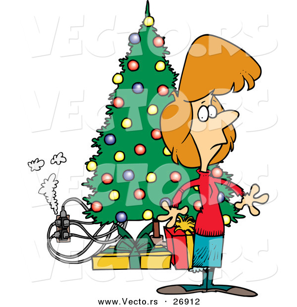 Cartoon Vector of a Smoking Electric Hazard Beside a Christmas Tree and Woman Just Noticing It