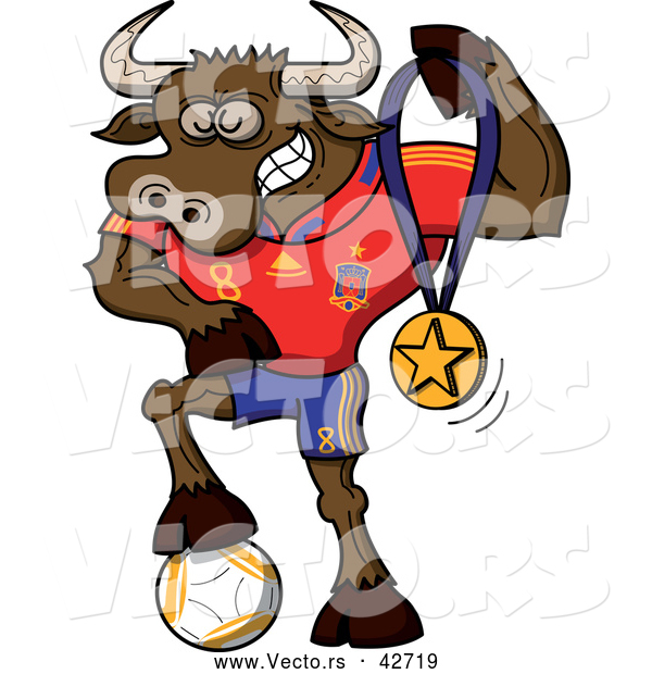 Cartoon Vector of a Spanish Soccer Bull Posing with Gold Medal Award and Ball