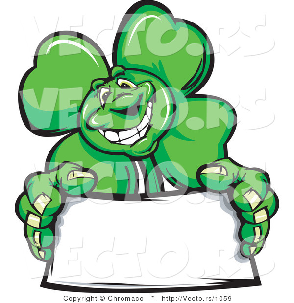 Cartoon Vector of a St. Patrick's Day Shamrock Clover Mascot Holding a Blank Sign