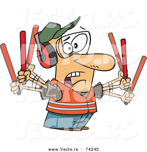 Cartoon Vector of a Stressed Male Traffic Controller Waving Wands