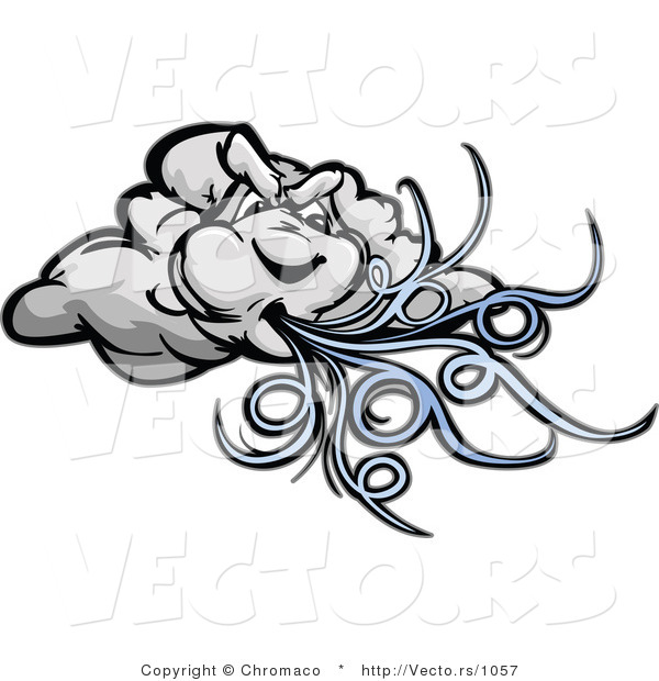 Cartoon Vector of a Strong Cartoon Storm Cloud Mascot Blowing Powerful Wind Gusts