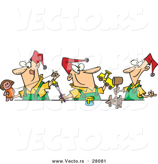Cartoon Vector of a Three Happy Christmas Elves Making Toys Together