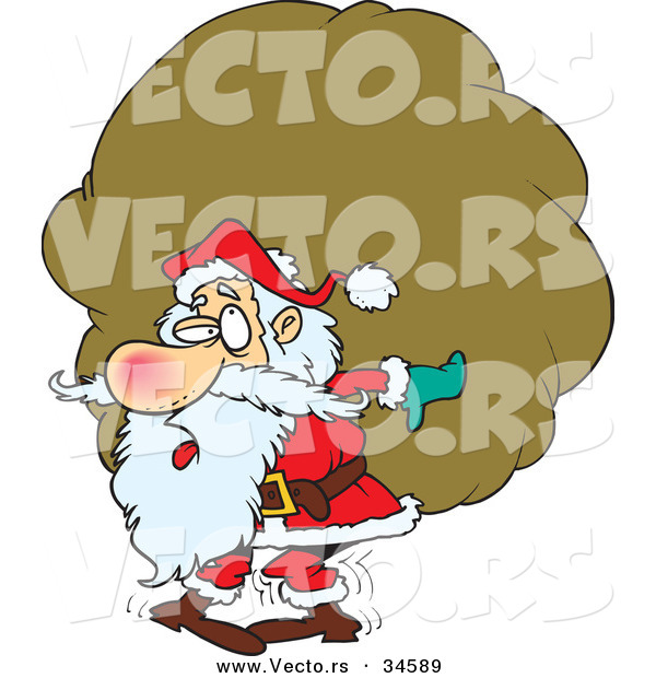 Cartoon Vector of a Tired Santa Carrying a Big, Heavy Sack of Presents