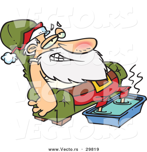 Cartoon Vector of a Tired Santa Relaxing on a Couch with a Hot Steamy Foot Bath