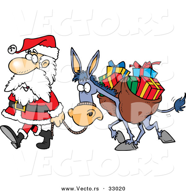 Cartoon Vector of a Tired Santa Walking with Bag of Presents on His Donkey