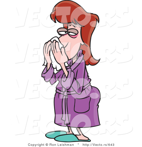 Cartoon Vector of a Tired Sick Woman Blowing Her Nose