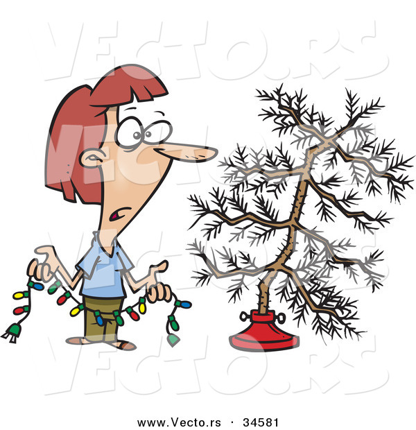 Cartoon Vector of a Unhappy Woman Decorating Scrawny Christmas Tree