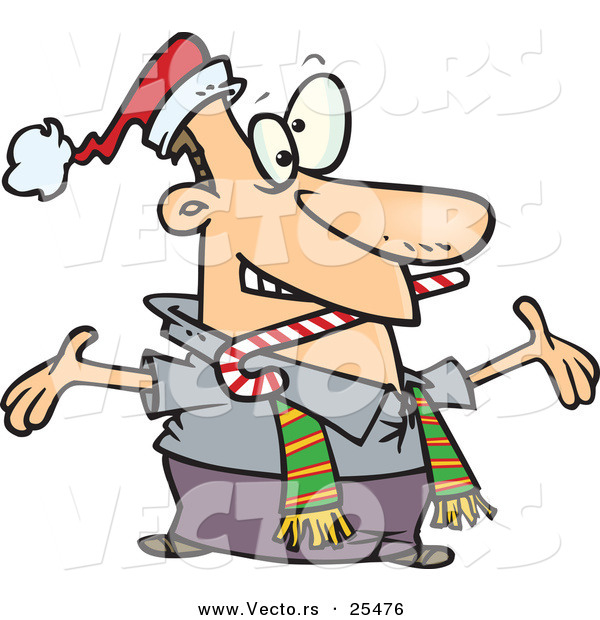 Cartoon Vector of a Welcoming Man Wearing a Santa Hat and Scarf, Biting a Candy Cane and Holding His Arms Wide Open While Greeting Friends or Family