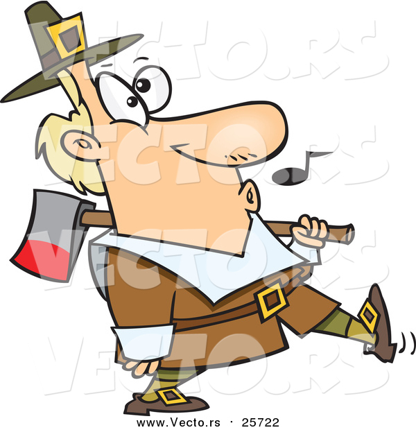 Cartoon Vector of a Whistling Pilgrim Carrying an Ax over His Shoulder