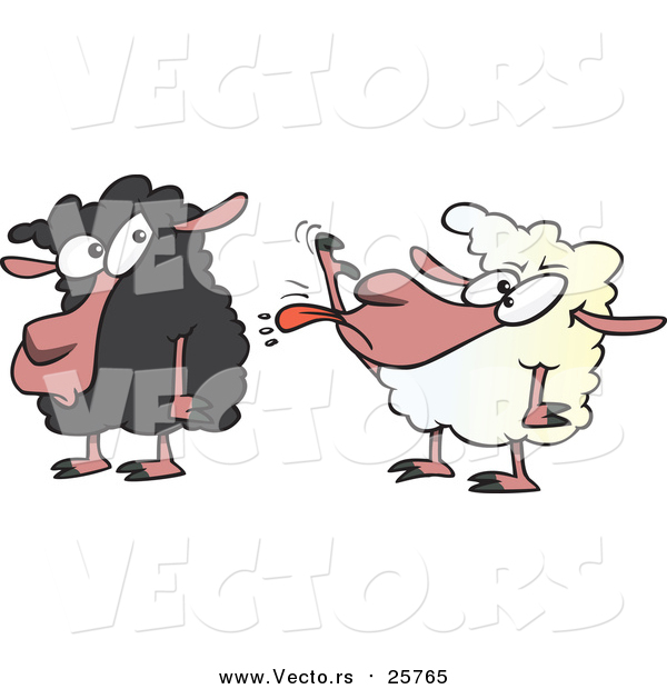 Cartoon Vector of a White Sheep Sticking Its Tongue out at a Black Sheep