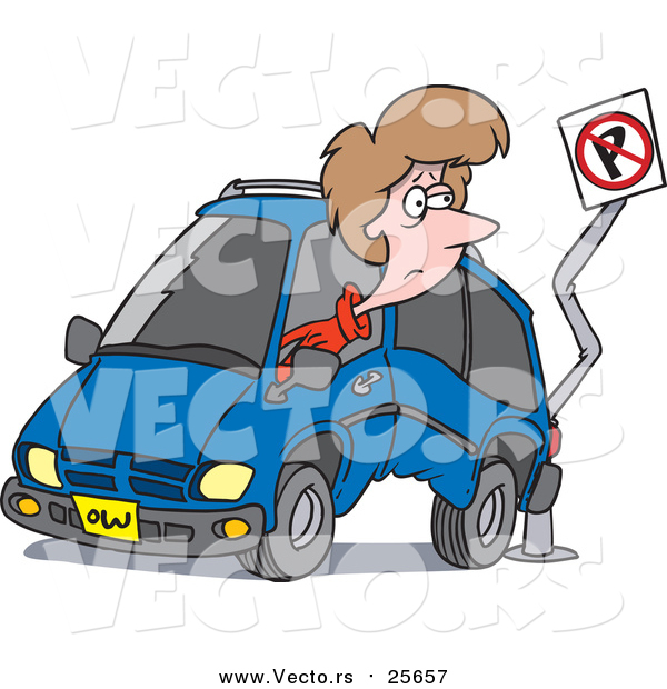 Cartoon Vector of a Woman Backing Her Minivan into a Pole