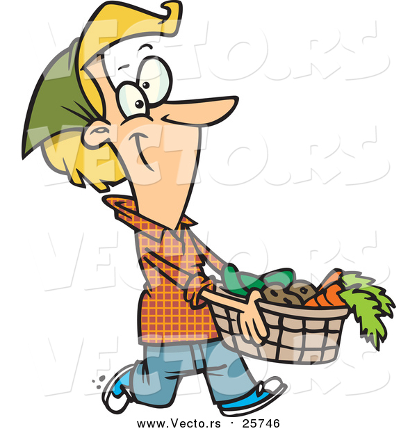Cartoon Vector of a Woman Carrying a Harvest Basket