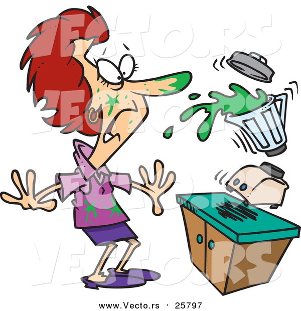 Cartoon Vector of a Woman Getting Splashed from Juice with Her Blender