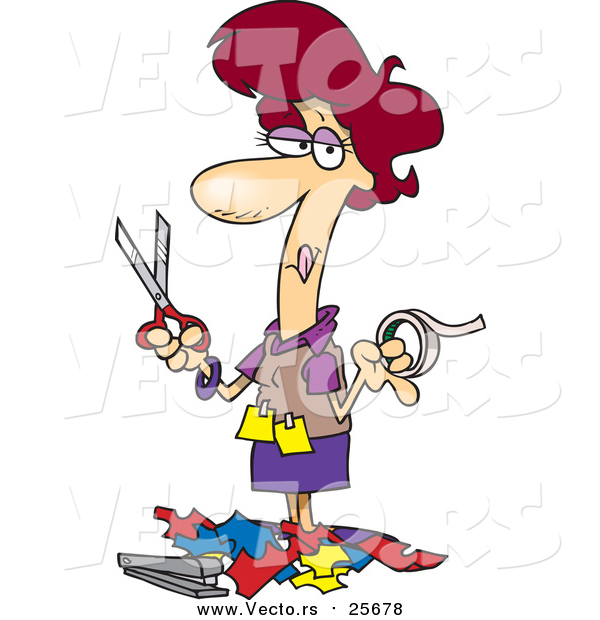 Cartoon Vector of a Woman Holding Tape and Scissors and Standing in Paper Scraps