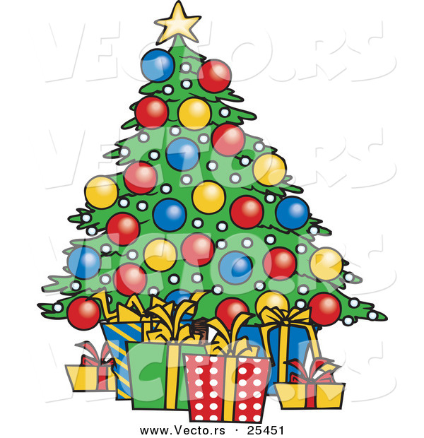 Cartoon Vector of a Wrapped Presents Under a Decorated Christmas Tree