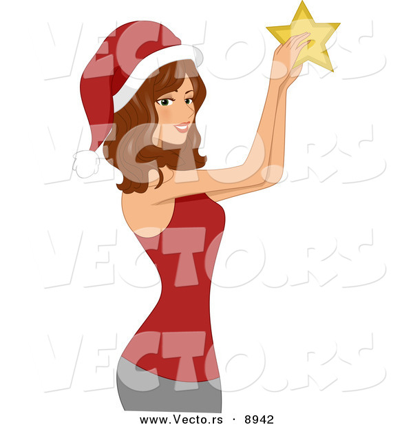 Cartoon Vector of a Young Lady Decorating with a Star for Christmas