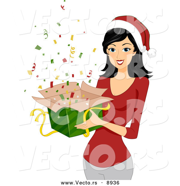 Cartoon Vector of a Young Lady Holding a Gift Box of Confetti for Christmas