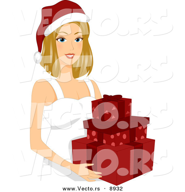 Cartoon Vector of a Young Lady Holding a Tower of Gifts for Christmas