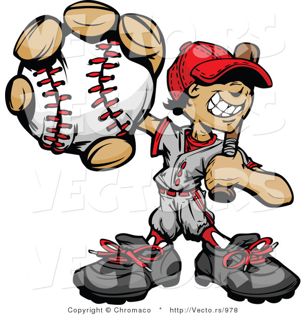 Cartoon Vector of a Young Male Baseball Playing Holding Ball and Bat