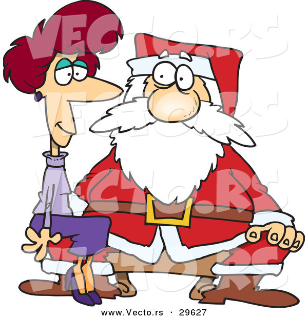 Cartoon Vector of an Adult Lady Sitting on Santa's Lap