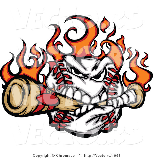 Cartoon Vector of an Aggressive Flaming Cartoon Baseball Mascot Destroying a BatAggressive Flaming Cartoon Baseball Mascot Destroying a Bat - Coloring Page Outline