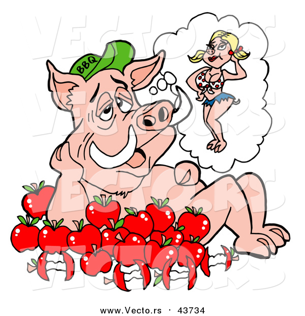 Cartoon Vector of an Apple BBQ Pig Fantasizing About a Sexy Female Pig