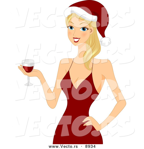 Cartoon Vector of an Attractive Young Lady Holding Red Wine for Christmas