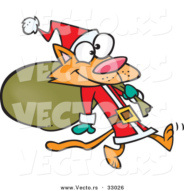 Cartoon Vector of an Orange Santa Cat Carrying Sack of Presents