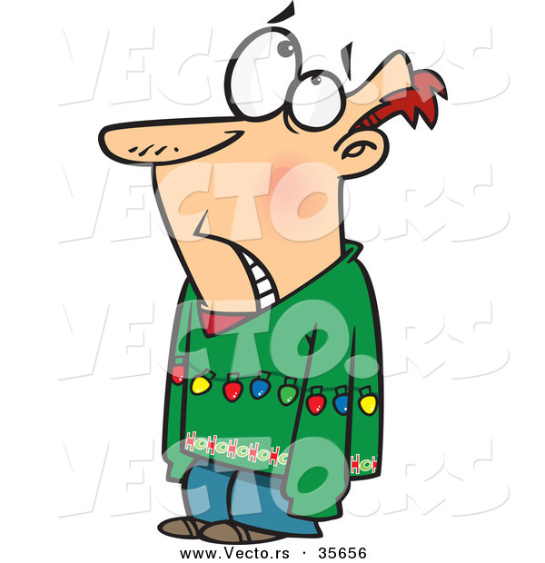 Cartoon Vector of an Upset Man Wearing Ugly Christmas Sweater with Lights