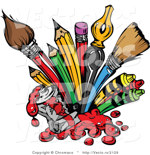 Cartoon Vector of Art Supplies: Pencils, Ink Pens, Paint Brushes