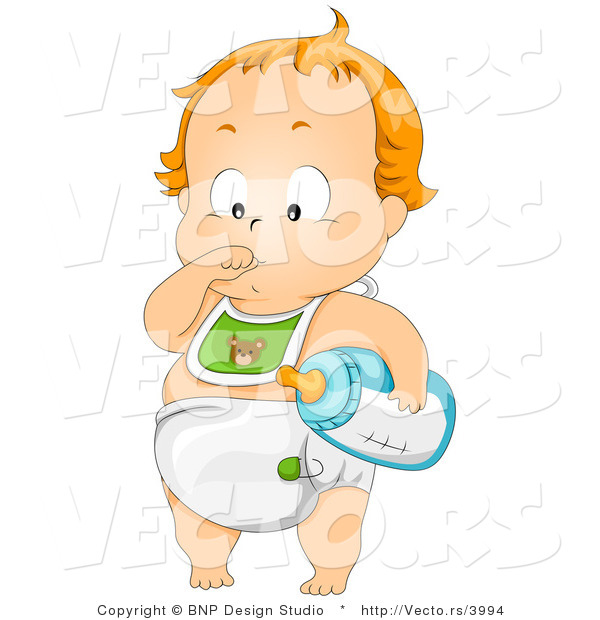 Cartoon Vector of Baby Boy Standing While Sucking Thumb and Holding Bottle with Milk