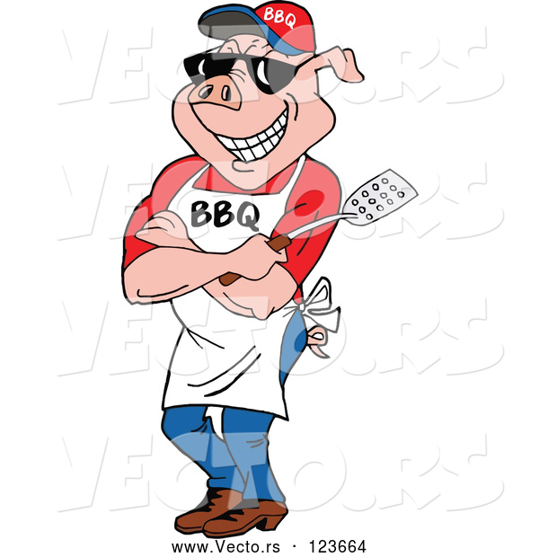 Cartoon Vector of Bbq Pig Chef Wearing an Apron Shades and Holding a Spatula