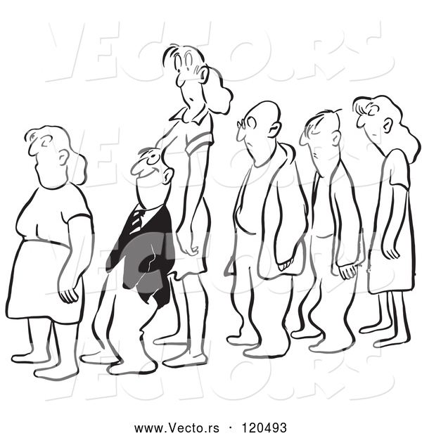 Cartoon Vector of Black and White Man Leaning Back Against a Womans Chest While Standing in Line