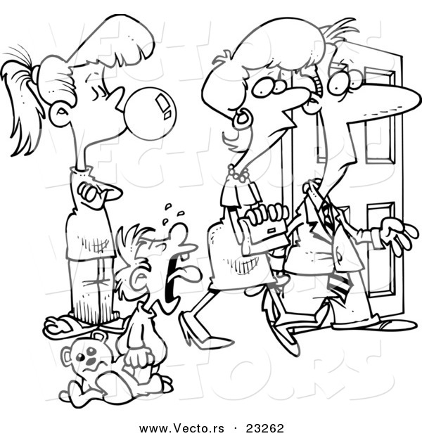 Cartoon Vector of Cartoon Babysitter Watching Parents Leave - Coloring Page Outline