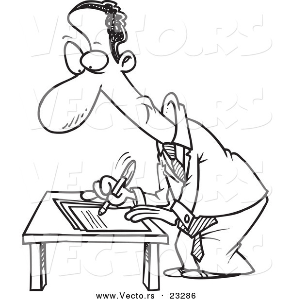 Cartoon Vector of Cartoon Black Businessman Signing a Document - Coloring Page Outline