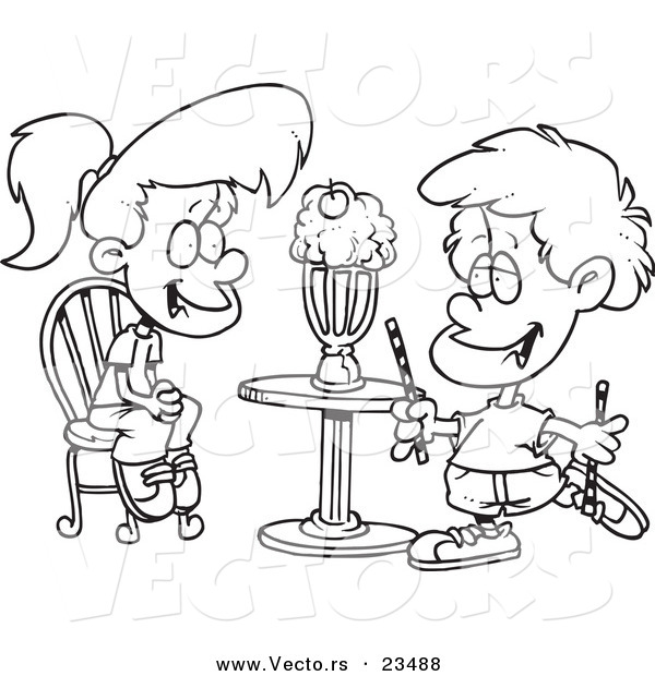 Cartoon Vector of Cartoon Boy and Girl Sharing a Milkshake - Coloring Page Outline