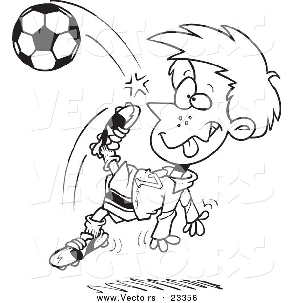 Cartoon Vector of Cartoon Boy Doing a Soccer Kick - Coloring Page Outline